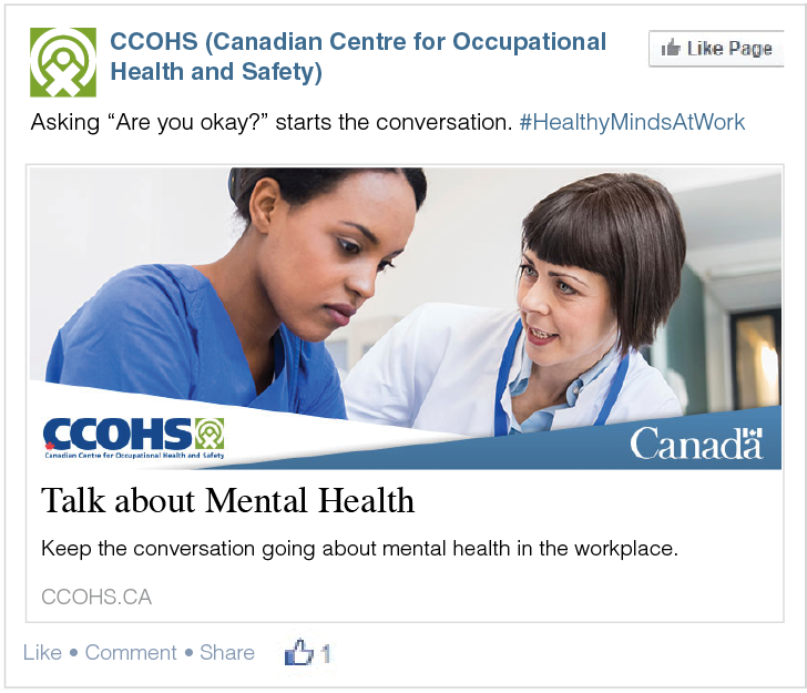 A screenshot from CCOHS page on Facebook titled Talk about Mental Health
